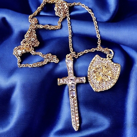 Sparkling Gold Toned Cross Sword Necklace with Shield DND Paladin - Picture 12 of 17